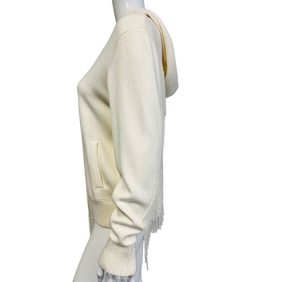KOBI HALPERIN White Wool Blend Reta Beaded Fringe Trim Hooded Zip Up Sweater M - Picture 2 of 5